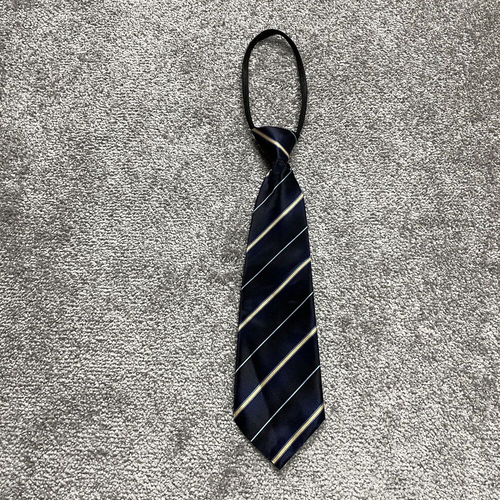 Unbranded Boys Zip Up Neck Tie Blue Shiny Yellow Angled Stripe Youth Formal